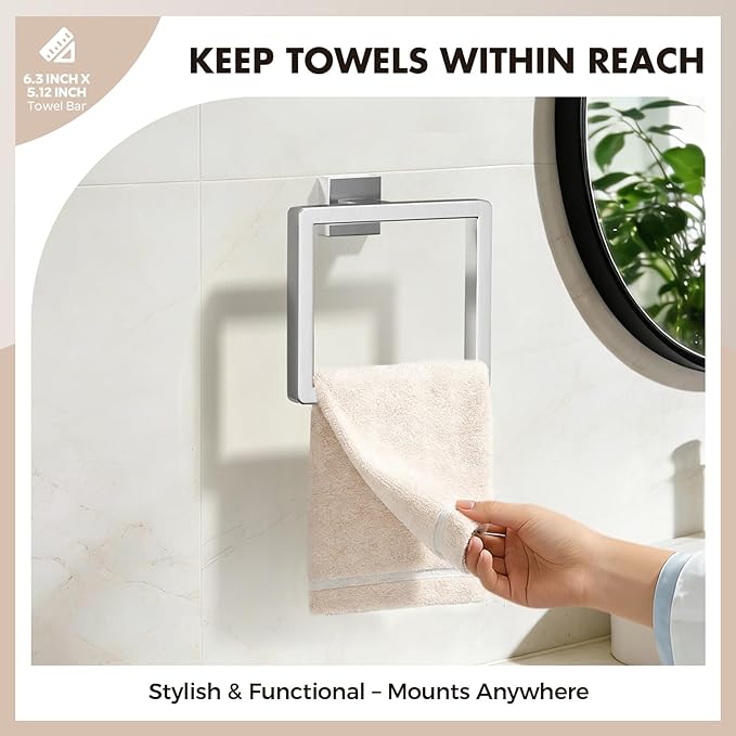 Bathroom Accessory Towel Bar Set: 5 Pieces Brushed Nickel Square Bathroom Hardware SUS304 Stainless Steel - 24 Inch Wall Mounted Towel Rack&Toilet Paper Holder&Towel Ring and Towel Hook