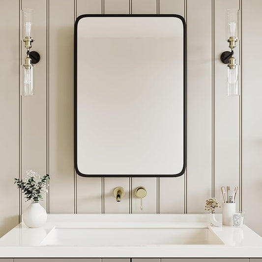 AGDULL Vintage-Style Bathroom Wood Black Cabinet with 17.5''x29'' Black Metal Frame Curved Mirror, Recessed Medicine Cabinet, Bathroom Storage Cabinet