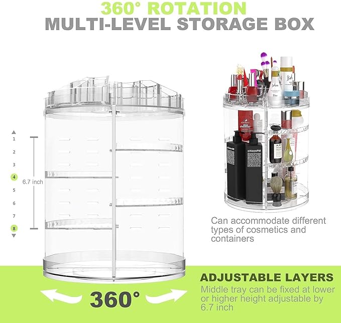 Boxalls Makeup Organizer Rotating, 8-Layer Large Capacity Cosmetics Organizer, 360 Adjustable Skincare Spinning Stand, Clear Makeup Carousel for Vanity, Countertop -Plus Size