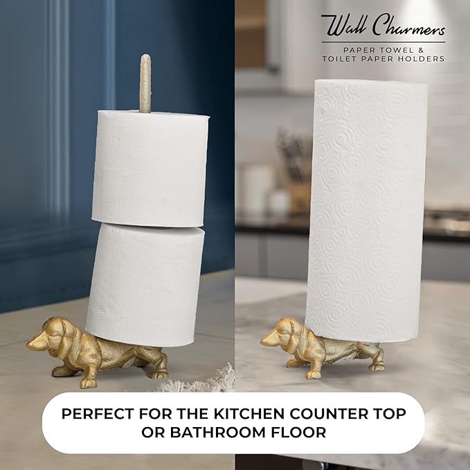 WallCharmers Gold Paper Towel Holder, Metal Toilet or Kitchen Paper Holder for Floor or Countertop, Gold Dog