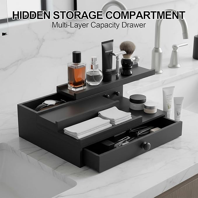 Cologne Organizer for Men,Solid Wood Cologne Stand with Drawer and Hidden Compartments, Nightstand Organizer,Dresser Drawer Organizers,Organizador de Perfumes,Perfume Stand Organizer for Bedroom,Black