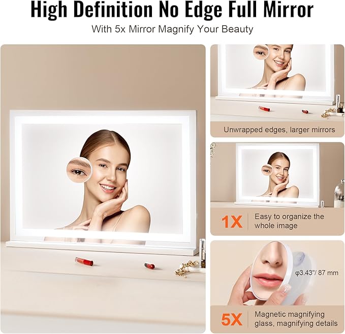 VEVOR Lighted Makeup Mirror, Three Color Lighting Modes Hollywood Vanity Mirror, Makeup LED Mirror w/Lights,5X Magnification,USB Port,Smart Touch Control,Desktop Wall-Mounted (31.5x21.7 in, White)
