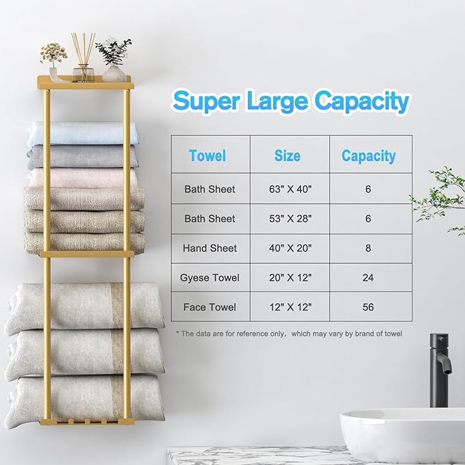 Liuoud Towel Rack for Bathroom, Wall Mounted Vertical Rolled Towel Storage Organizer Holder with Shelf, Holds Up 6 Large Bath Sheets, Gold