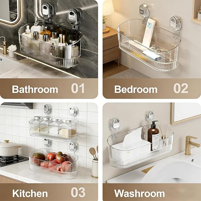 Non-Drilling Bathroom Suction Box, Corrugated Strong Sucker Storage Rack, Detachable Hanging Storage Basket, Bathroom Shelf Non-Drilling Storage Rack, Acrylic Hanging Wall Frame. (Transparent Brown)