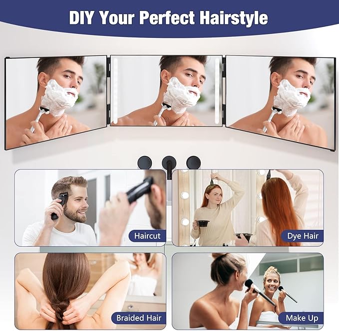 Dripex 3 Way Mirror with Led Lights for Men or Women, 360° Trifold Self Haircut Mirror with Height Adjustable Hooks, for Makeup, Styling, Shaving, Braiding, Dye Hair (Black with Led)