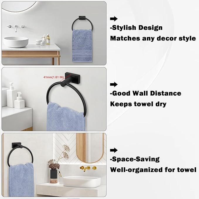 Livabber Towel Ring for Bathroom, 304 Stainless Steel Hand Towel Holder, Heavy Duty Towel Hanger for Bath, Kitchen, Hotel (2.3″ Screw-Mounted Base, Black)