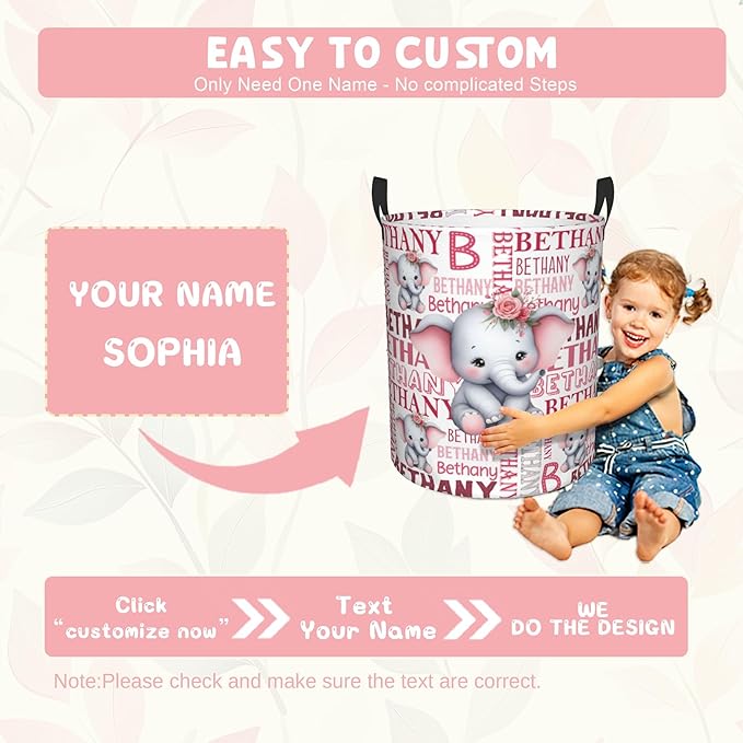 ZOE DAVISON Custom Elephant Laundry Baskets, Personalized Elephant Print Gifts with Customized Name, Collapsible Laundry Hamper for Kids Adults Home Decoration,16.5 X 13.8in