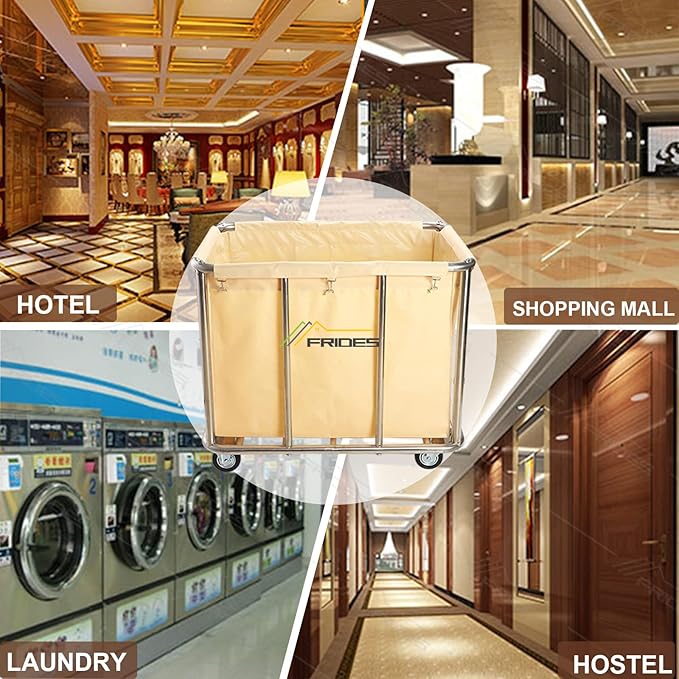 Commercial Laundry Cart with Wheels, 400L Large Rolling Laundry Cart with Steel Frame and Oxford Cloth, Heavy Duty Industrial Laundry Cart for Home,Hotel,Laundry Room, 441 lbs Load (Beige-8)
