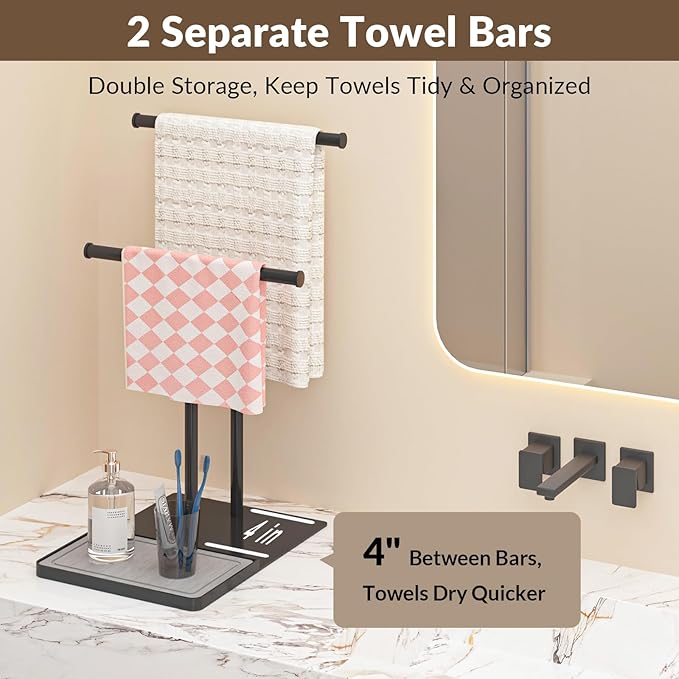 NADAMOO Towel Holder Stand, Adjustable Height 13.8"-24" Freestanding Double Bar Towel Rack with Stone Drying Tray, Wide Weighted Base, Rustproof Black Metal, for Bathroom, Kitchen Countertop