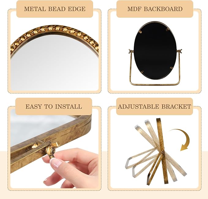 Vintage Desk Makeup Mirror, 12" L x 7.9" W Antique Gold Vanity Table Mirrors, Metal Framed Oval Small Standing Mirrors with Beaded, 360 Adjustable Rotation for Tabletop, Bedroom