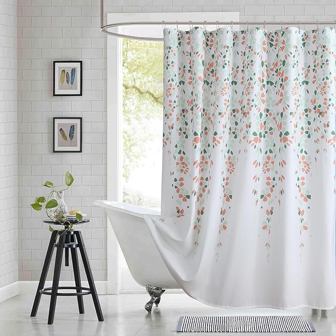 Fabric Floral Shower Curtain, Orange and Sage Green Flower Shower Curtains for Bathroom, Waterproof Bathroom Curtains, 72" W x 72" H
