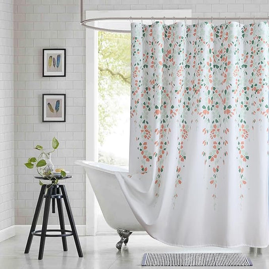 Fabric Floral Shower Curtain, Orange and Sage Green Flower Shower Curtains for Bathroom, Waterproof Bathroom Curtains, 72" W x 72" H