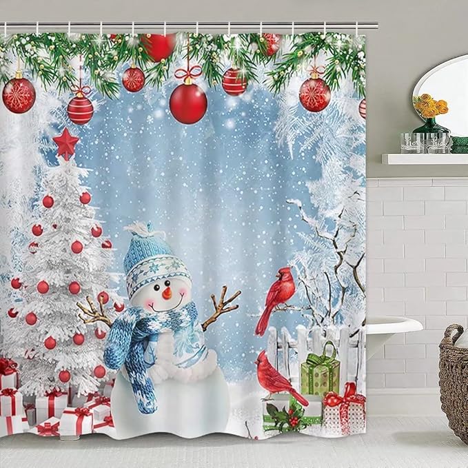 NBVKO Christmas Snowman Waterproof Set Shower Curtain,with Non-Slip Rugs,Toilet Lid Cover and Bath Mat,Bathroom Decor Accessory Set