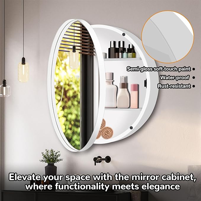 26 Inch Round Medicine Cabinet with Mirror, White Bathroom Medicine Cabinet for Wall Metal Framed, Surface Mount Only Circular Storage Cabinet with Vanity Mirror