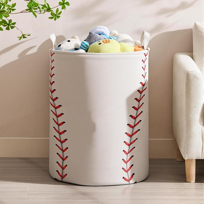 2Pcs Basketball Cute Kids Laundry Basket Baby Nursery Hamper Boys Room Decor Foldable Oxford Cloth Funny Tote Clothes Storage Bucket Organizer For Bedroom (Baseball)