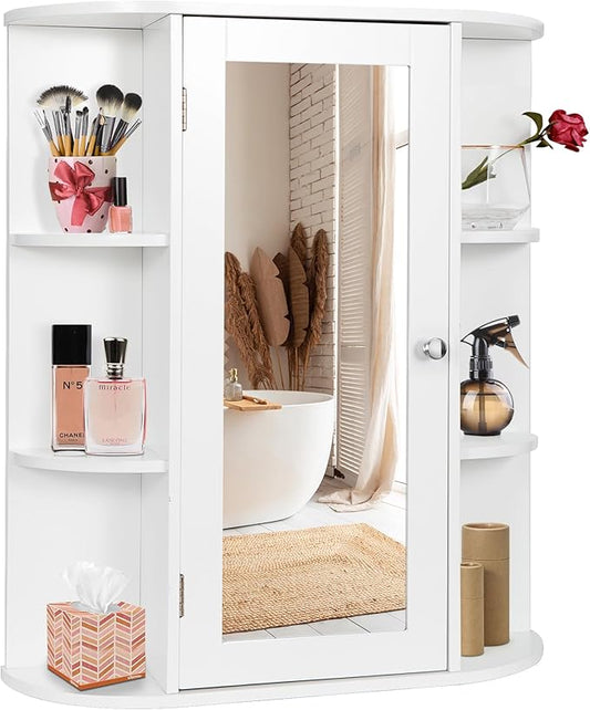 SUPER DEAL Bathroom Mirror Medicine Cabinet with Storage, Wall Mount Cabinet with Mirror Door, Inner Adjustable Shelves, 6 Open Shelves, White