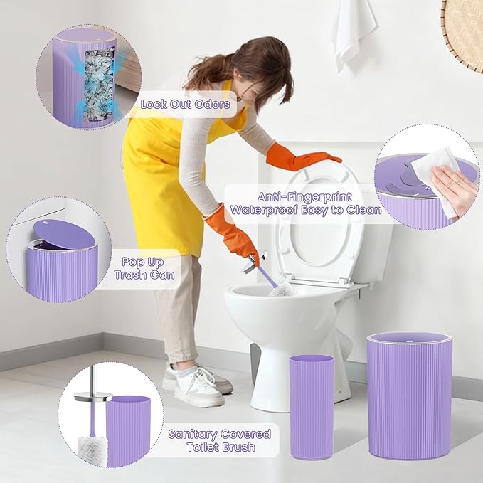 Purple Bathroom Accessories Set, 10PC Bathroom Set, Bath Accessory with Pop Up Trash Can, Soap Dispenser, Toilet Brush, Toothbrush Set Qtip Holders & Tray