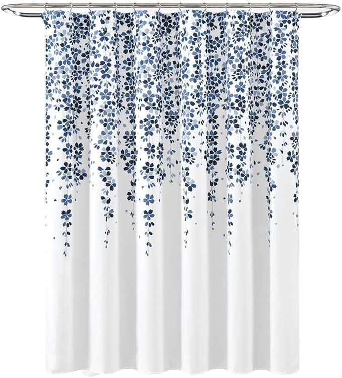 Lush Decor Weeping Flower Shower Curtain 72"W x 72"L White & Navy - Fabric Shower Curtains for Bathroom - Floral Bathroom Curtain - Cottage Core Decor