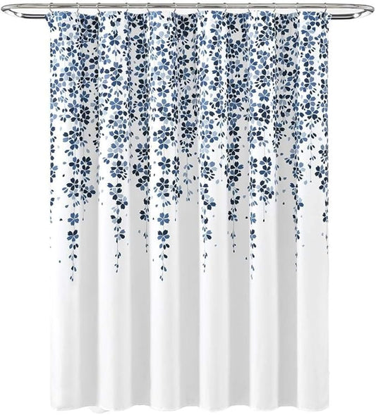 Lush Decor Weeping Flower Shower Curtain 72"W x 72"L White & Navy - Fabric Shower Curtains for Bathroom - Floral Bathroom Curtain - Cottage Core Decor