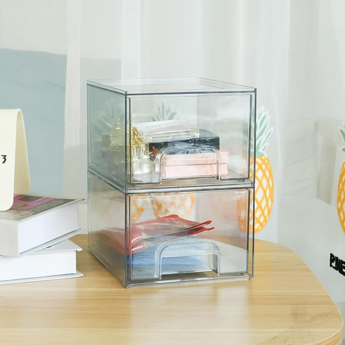 Stackable Clear Bin Plastic Organizer Drawers,Acrylic Bathroom Makeup Organizer Storage Drawers Bin,2 Pack