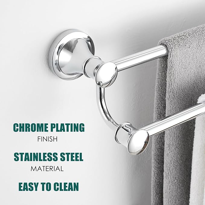 Hoimpro Adjustable Retractable 15-27 Inches Stainless Steel Bathroom Towel Bar, Bathroom Accessories Bath Hotel Double Towel Bar Rod Hanger Wall Mounted Towel Holder Towel Rack, Polished Chrome