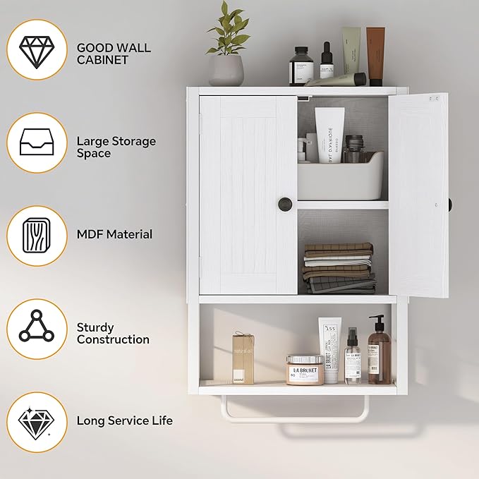 Homeiju Rustic Wall Mounted Medicine Cabinet, White Wood Storage Cabinet with Two Barn Doors, Shelf and Towel Bar for Bathroom, Living Room, Kitchen, White