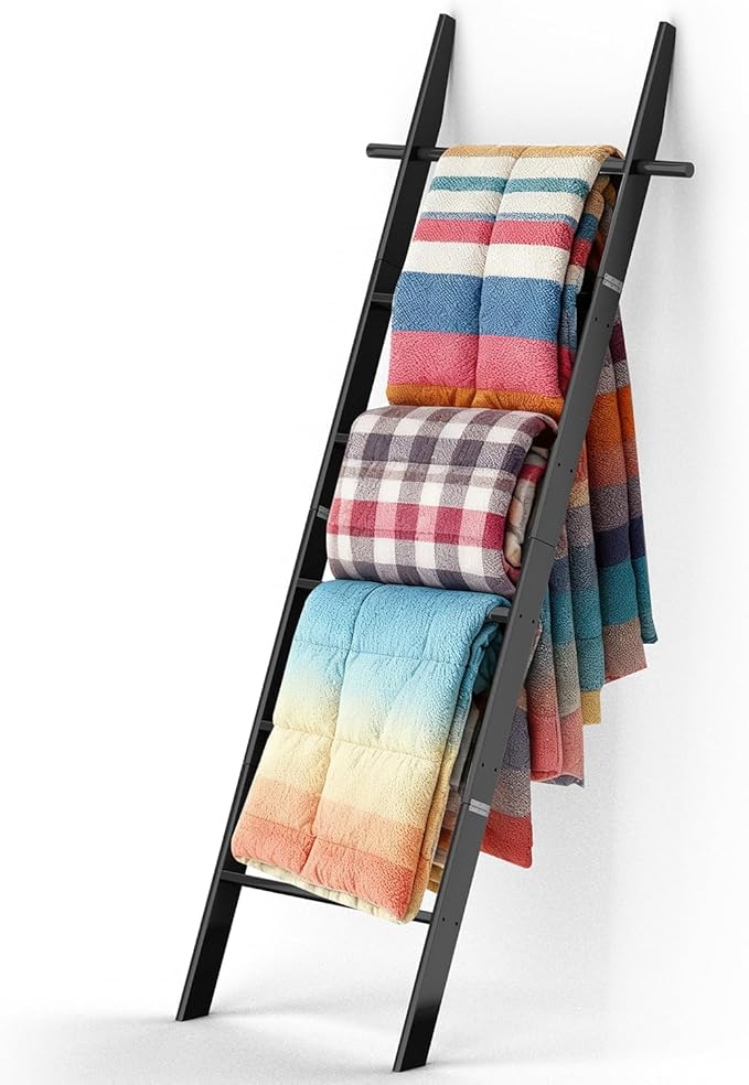 Farmhouse Wooden Blanket Ladder with Removable Hooks, 6-Tier Rustic Blanket Rack Decorative Stand, Leaning Towel Quilt Display Holder Storage for Bathroom Living Room Decor Black