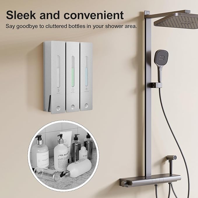 Shampoo and Conditioner Dispenser - Wall-Mounted 3-Chamber Shower Soap Dispenser, No-Drill, 1200ML Capacity, for Bathroom & Hotel