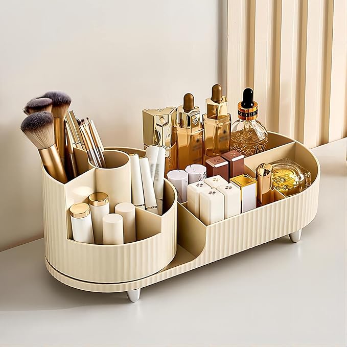 DASITON Large Capacity Makeup Brush Holder,360° Rotating Makeup Organizer,9 Slot Makeup Brushes Cup,for Vanity Decor,Bathroom Countertops,Desk Storage Container,Cosmetic Display cases(Cream-L)