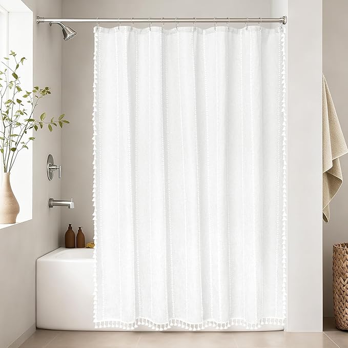72 x 84 inch Extra Long Boho Farmhouse Shower Curtain with Tassels, White Linen Textured Soft Fabric Shower Curtain Heavyweight, Elegant French Country Striped Bathroom Curtain Water Repellent