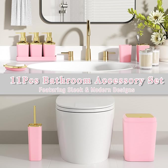 Bathroom Set — Bathroom Accessories Set, 11PC Bathroom Accessory Set, Pink Bathroom Set with Push-lid Trash Can, 3PC Soap Dispensers, Toilet Brush & Qtip Holders