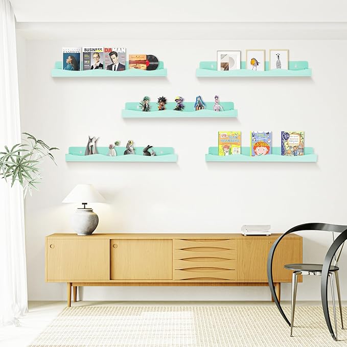 Nail Polish Wall Rack, 6-Shelf 15-Inch Light Green Acrylic Nail Polish Shelves with Removable Ends – Multi-Purpose Shelf for Essential Oils, Cosmetics Storage and Display for Salons and Bathrooms
