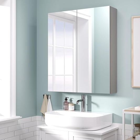 28x24 inch Bathroom Wall Cabinet, Saver Storage Cabinet, Medicine Cabinet with 2 Door and Adjustable Shelves, Grey（Assembly Required）