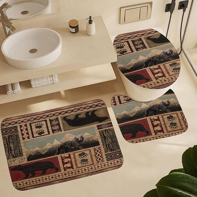 Rustic Cabin Bear Shower Curtain Sets with Rugs 4 Piece Accessories Bathroom Curtains Shower Set Include Shower Curtain Non-Slip Rug Toilet Lid Cover Bath Mat One Size