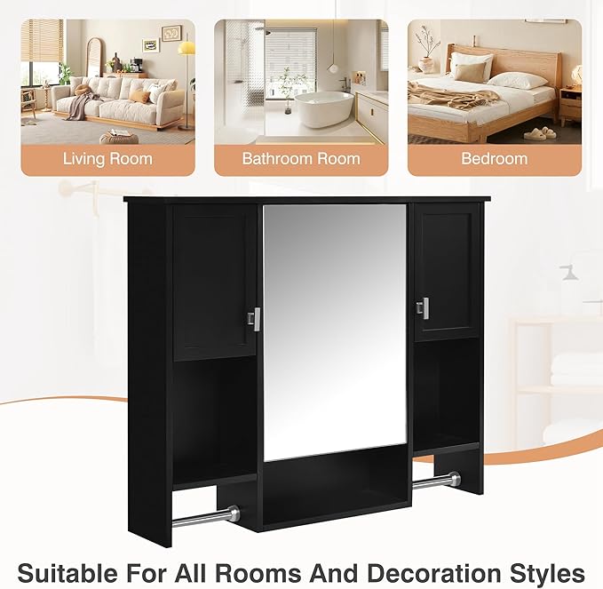 Merax Medicine Cabinet for Bathroom, Wall Mount Bathroom Cabinet with Mirror, Open Shelf, and Towel Bar, 35" W x 28.7" H Over The Toilet Mirrored Bathroom Wall Cabinet