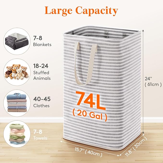 Lifewit 74L Dirty Clothes Laundry Basket, Large Waterproof Laundry Hamper Bag with Reinforced Carry Handles for Bedroom Bathroom College, Gray