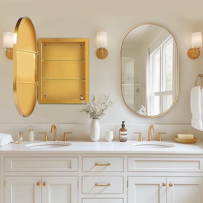 SogesHome Modern Medicine Cabinet with Mirror, 20"x34" Oval Decro Recessed Mirror Cabinet, Wall-Mount Bathroom Vanity Mirror with Storage with 2 Shelves, Perfect for Bathroom, Gold