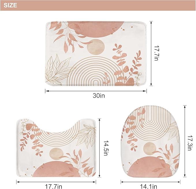 Riyidecor Boho Pink Gold 4Pcs Bathroom Shower Curtain Sets Mid Century Modern Minimalist Leaves Bathroom Decor Set with Rugs and Accessories Abstract Toilet Lid Rug, Contour and Bath Mat with 12 Hooks