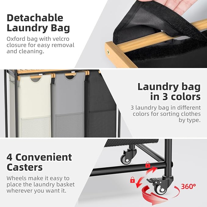 BambooHomie Laundry Hampers 3 Section, Laundry Sorter with Removable Shelf and Pull-Out Bags, Rolling Cart Clothes Hampers Basket with Wheels for Laundry Room Bathroom, 3 x 45 L (Black Beige Gray)
