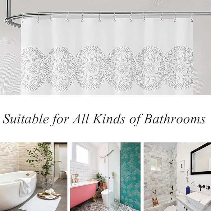 Jubilantex Grey and White Embroidered Shower Curtain Fabric for Bathroom, Farmhouse Boho Floral Rustic Chic Decorative Waterproof Bath Room Shower Curtain for Spa Hotel, 70x72 Inches, Gray