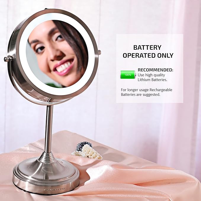 OVENTE 7'' Lighted Makeup Mirror with 1X/7X Magnification, Cordless Tabletop Mount Vanity Mirror with 360° Swivel Design & Double Sided Glow Cosmetic White LED Ring Light, Nickel Brushed MCT70BR1X7X