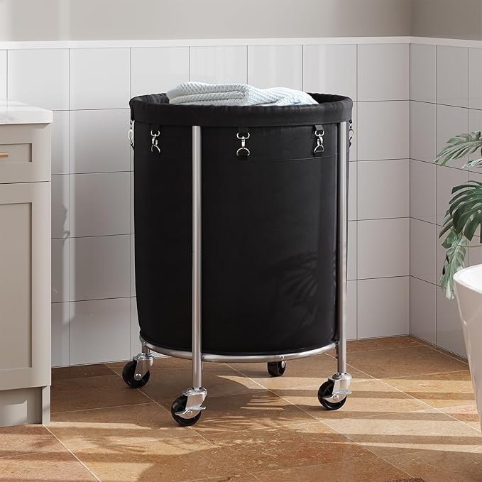 ELYKEN 190L Laundry Basket with Wheels, Large Rolling Laundry Hamper with Removable Liner Bag, Round Rolling Laundry Cart, Dirty Clothes Hamper for Hotel, Home, Closet, Dorm, Black