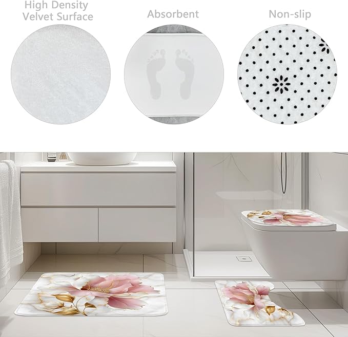Riyidecor Marble Floral Pink Gold 4Pcs Bathroom Shower Curtain Sets Modern Flower Abstract Bathroom Decor Set with Rugs and Accessories Minimalist Toilet Lid Rug, Contour and Bath Mat with 12 Hooks