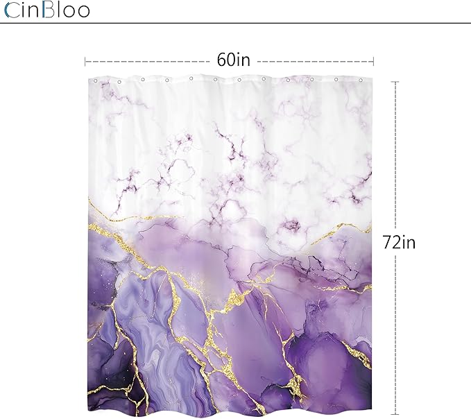 Cinbloo Purple Marble 60Wx72H Shower Curtain Abstract Lilac Gold Cracked Lines Modern Ombre Minimalist Simple Contemporary Luxury Bathroom Curtain Set Aesthetic Bath Bathroom Accessories Decor