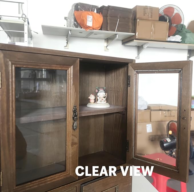 Rosetta Mini Countertop Country Vintage Locker, Wall-Mounted Wood Display with Organic Glass Door, Food Storage, 2 Bottom Drawers-Pharmacist Cabinet-Display Cabinet (Burnt Wood Color)