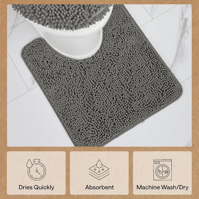 GORILLA GRIP Plush Absorbent Shaggy Chenille Bath Rug Mat for Square Toilet Base with Rubber Backing, Machine Washable Rugs, Soft Microfiber Contour Mats for Toilets, Bathroom Decor, Charcoal