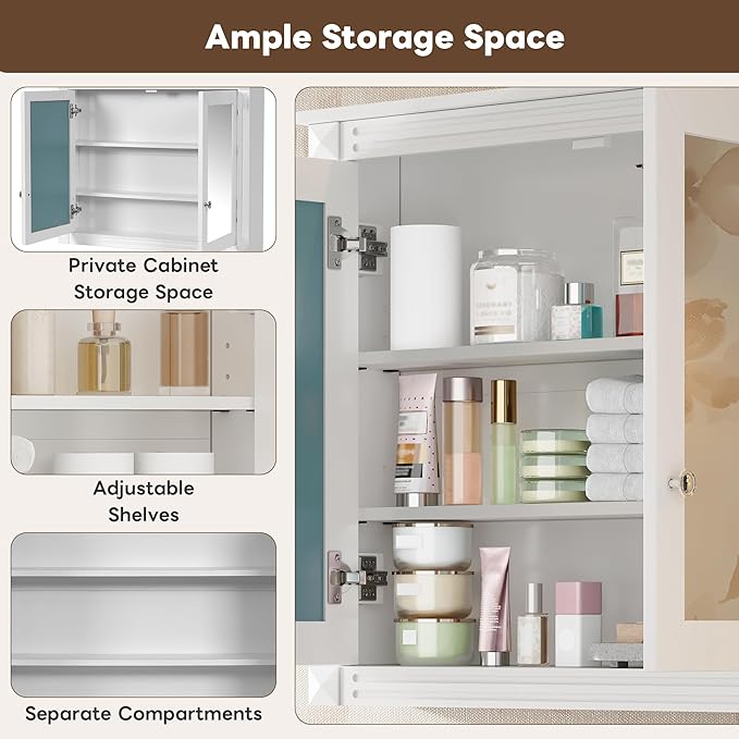 Merax Bathroom Medicine Cabinet with Mirror Door & Adjustable Shelves, 36" x 28" Wall Mounted Bathroom Storage Cabinet with Mirror, Over The Toilet