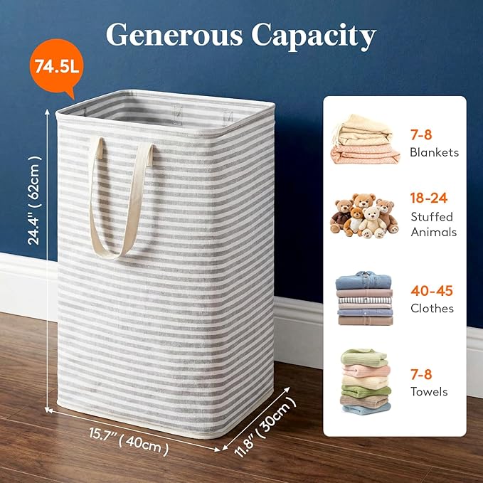 Lifewit Freestanding Clothes Hamper with Carry Handles, Large Tall Laundry Basket for Organization for Adults in Laundry Room Dorm Bedroom, Gray, 74.5L