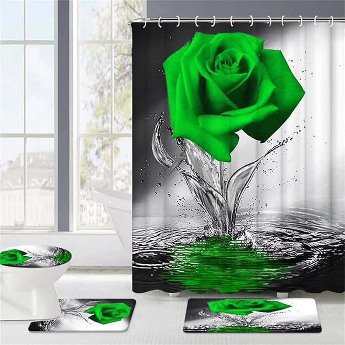 Green Rose Bathroom Set with Shower Curtain, Non-Slip Rugs, Bath Mat, Toilet Lid Cover and 12 Strong Hooks, Modern Style