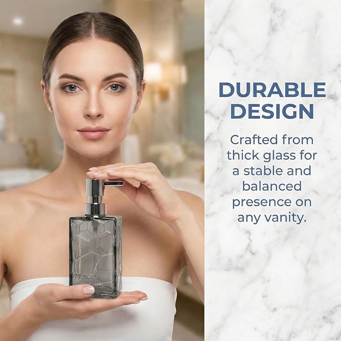 Gray Glass Soap Dispenser with Pump Geometric Texture Refillable Decorative Hand Soap Dispenser for Bathroom Kitchen Countertop